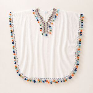 India Boutique White Cotton Beach Cover Up Embroidered Tassel Trim Boho Kaftan